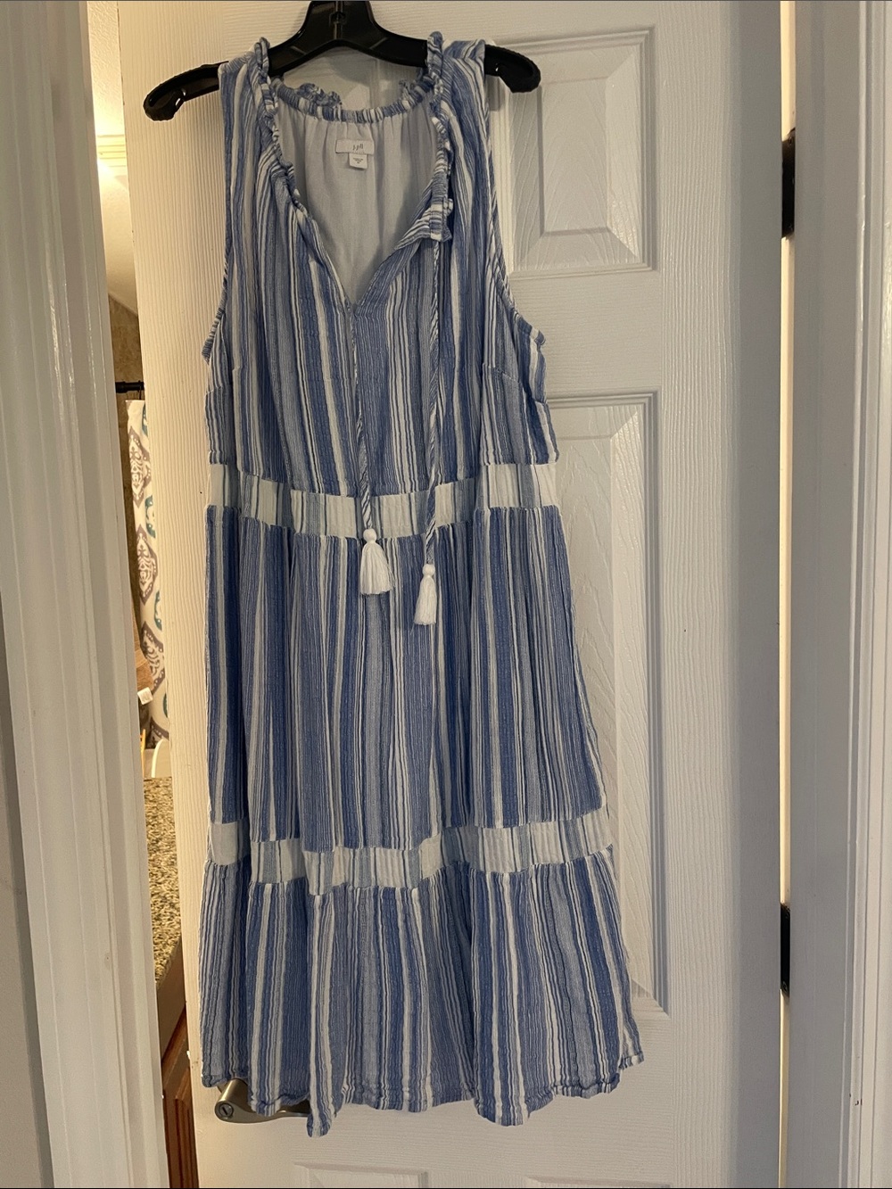 J. Jill Blue and White Ruffled Neckline dress